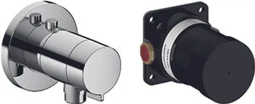 Thermostat- und UP-Körper in runder Form, hergestellt von Keuco. Die Armatur zeigt eine chromfarbene Oberfläche und einen Schlauchanschluss.
