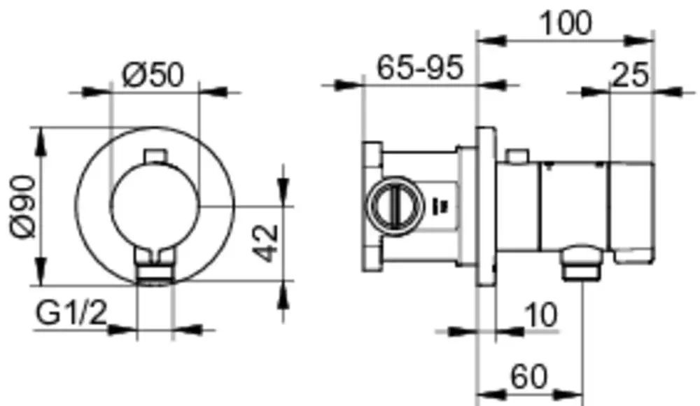 Technisches Diagramm eines Thermostat-Körpers von Keuco, mit Maßangaben und Anschlussmöglichkeiten für Schläuche, in runder Form.