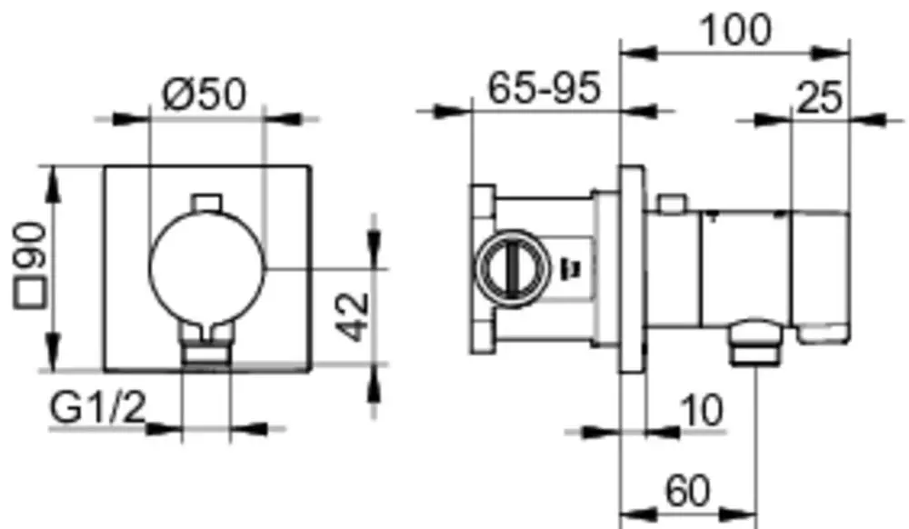 Keuco Farbset für Thermostat mit einem eckigen UP-Körper und Schlauchanschluss, dargestellt in einer technischen Zeichnung mit Maßangaben.