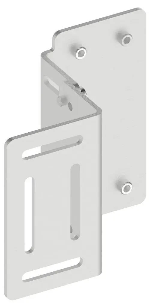 Befestigungswinkel aus Metall, geeignet für die Montage von Keuco IXMO Produkten. Das Set beinhaltet zwei Winkel mit durchgehenden Bohrungen und Schlitzöffnungen für flexible Anbringung.
