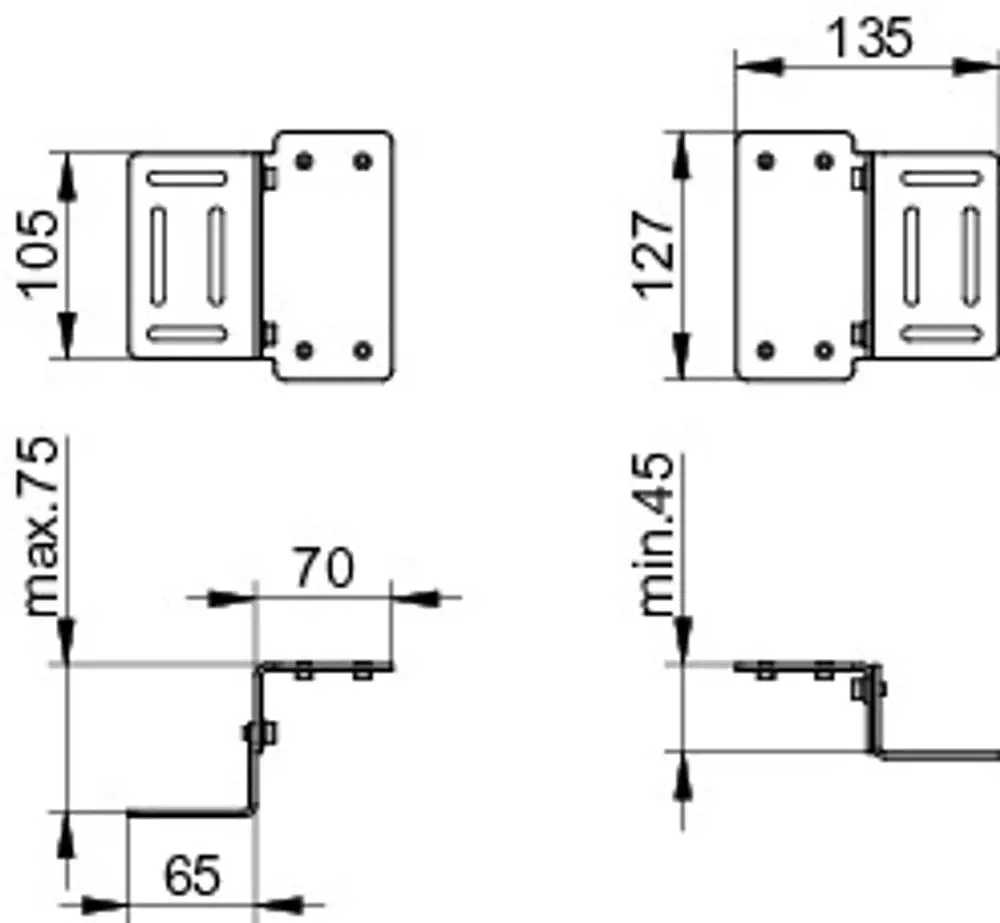 Befestigungswinkel für Keuco IXMO Montageschiene, skizzierte Dimensionen und Profile, inklusive Montagepunkte und genaue Maße für die Installation.