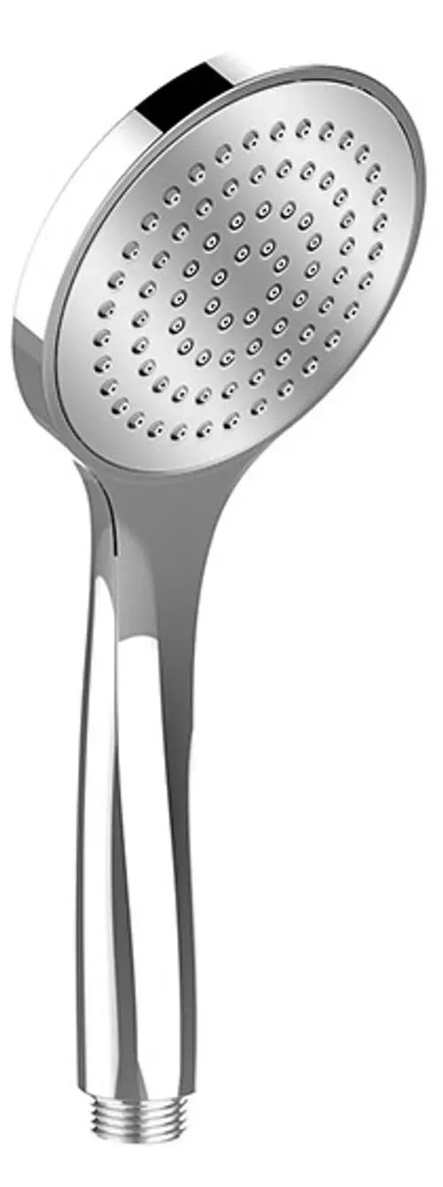 Handbrause mit runder, glatter Oberfläche und vielen kleinen Düsen, verchromt, von der Marke Keuco. Anschluss am Griff für eine einfache Installation.