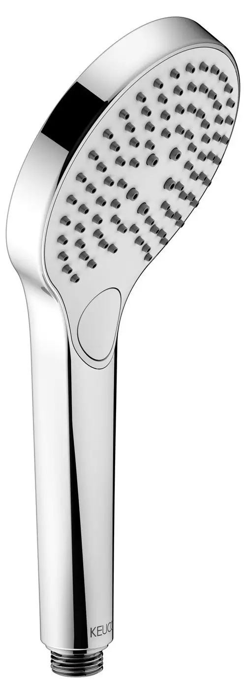 Handbrause von Keuco mit verchromter Oberfläche und mehreren Strahlarten, zeigt eine ergonomische Form und eine Vielzahl von Massagedüsen auf der Kopfseite.