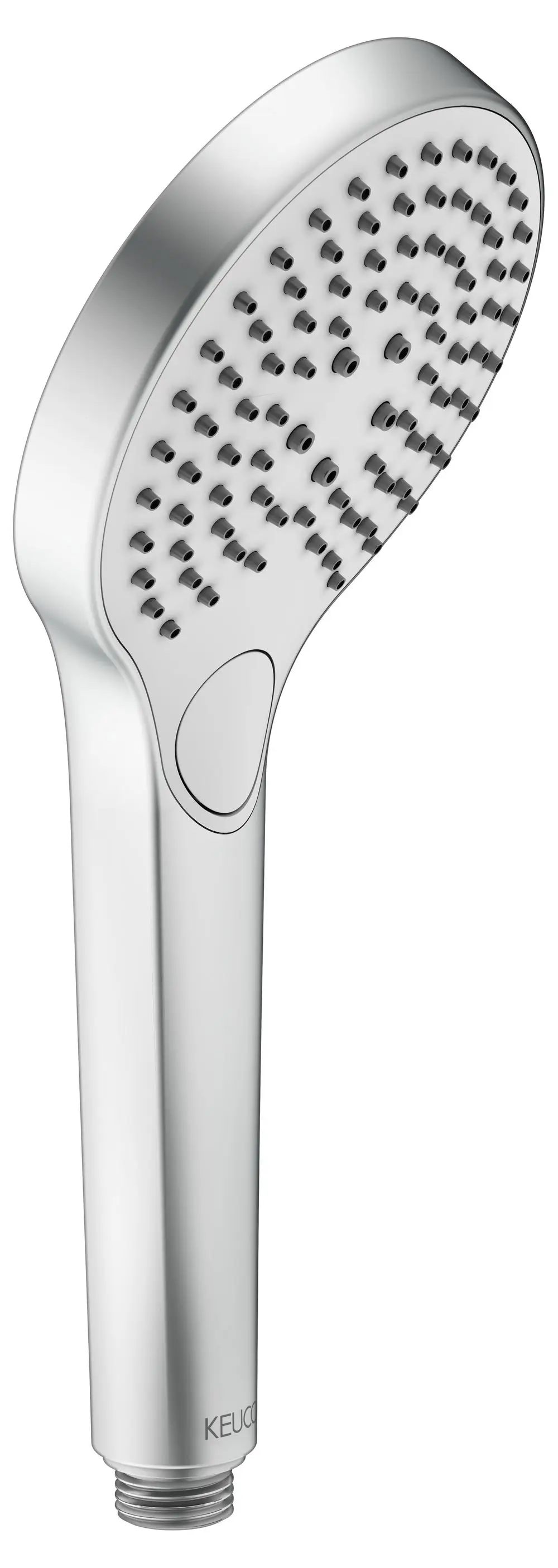 Handbrause mit ovalem Kopf und mehreren Strahlarten. Oberfläche in Aluminium-Finish, mit markanten Düsen. Modell von Keuco zur Wandmontage geeignet.