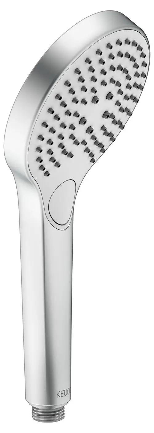 Handbrause mit ovalem Kopf und mehreren Strahlarten. Oberfläche in Aluminium-Finish, mit markanten Düsen. Modell von Keuco zur Wandmontage geeignet.