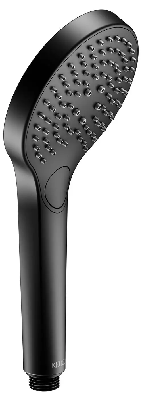 Schwarze Handbrause von Keuco mit ergonomischem Griff und mehreren Strahlarten, ausgestattet mit gleichmäßig angeordneten Düsen auf der Kopfseite.