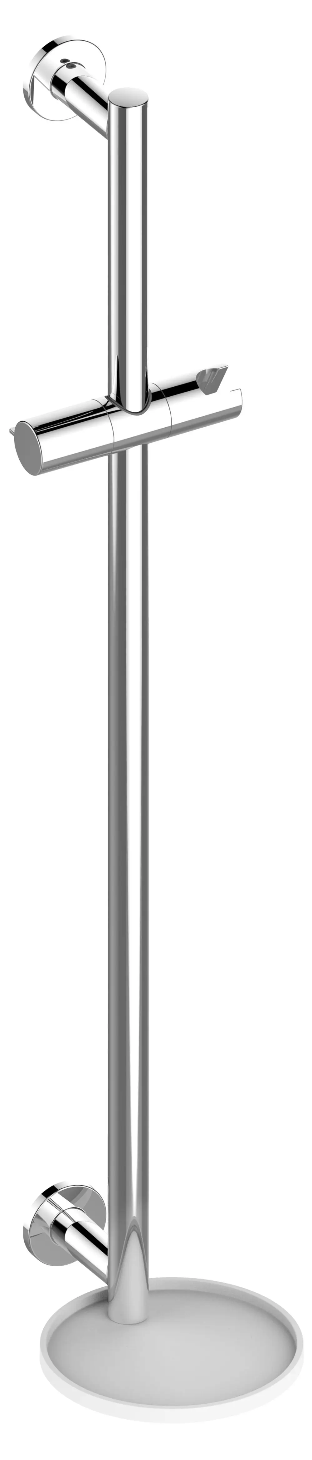 Keuco Zubehör für Brausestangen, bestehend aus einer vertikalen Stange in glänzendem Chrome mit einem weißen Ablageboden an der Basis.