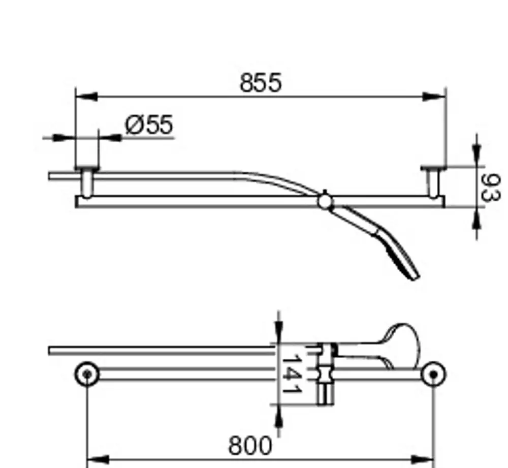 Brause-Set mit rundem Design, hergestellt von Keuco. Darstellung der Schläuche und Armaturen in einer technischen Zeichnung. Maße sind nicht ausdrücklich erkennbar.