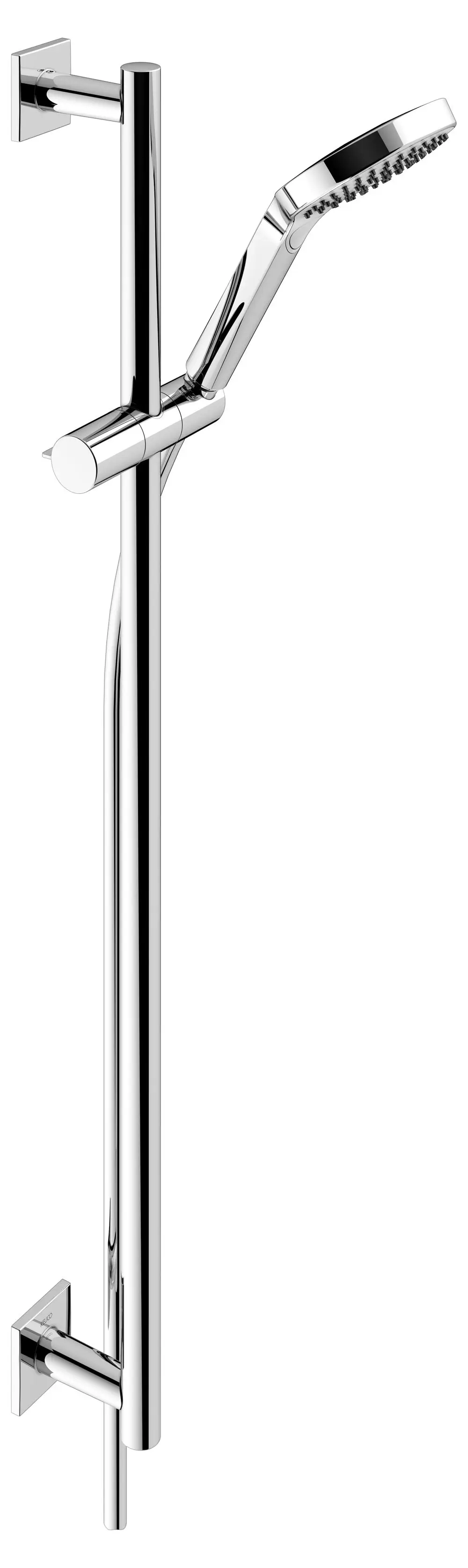 Shower set in polished chrome finish from Keuco, featuring a modern design with a handheld showerhead mounted on a vertical bar.