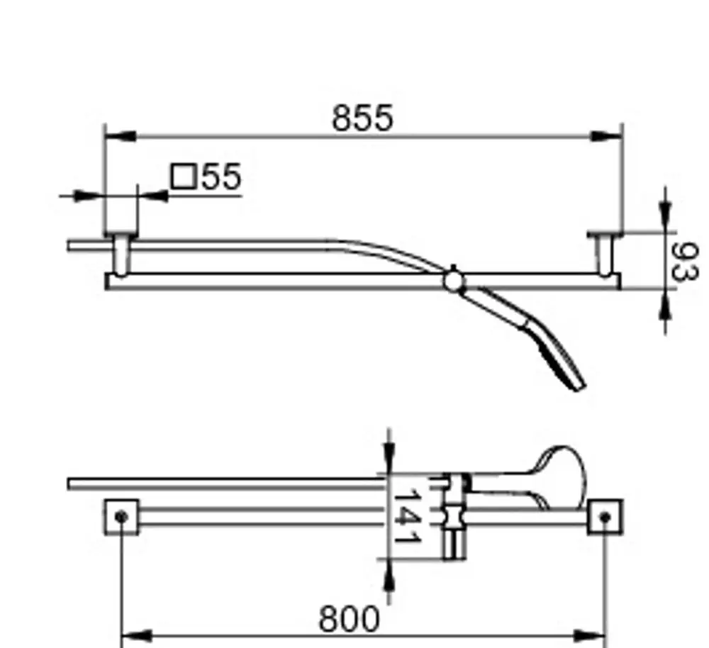 Brause-Set von Keuco mit eckigen Linien und zwei Befestigungspunkten. Sichtbare Designmerkmale umfassen einen langen, gebogenen Auslauf und eine funktionale Steuerung.