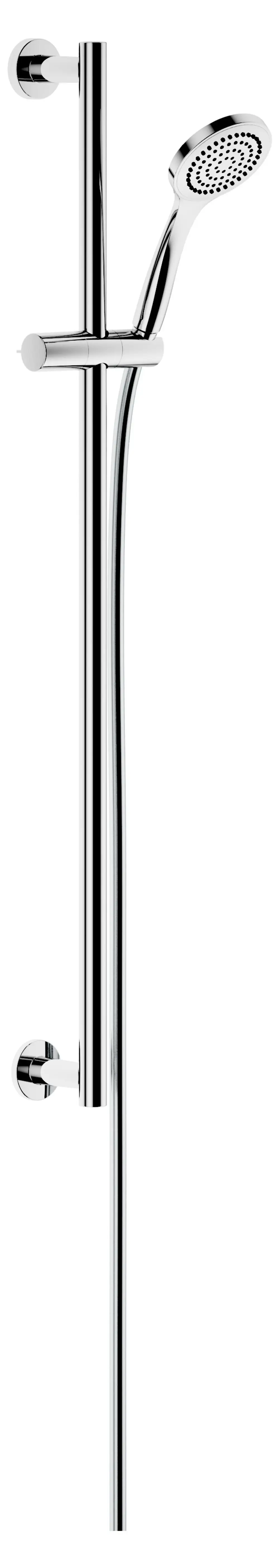 Brausegarnitur von Keuco mit verchromtem Design und runder Rosette. Sie umfasst eine Handbrause an einem länglichen Halter, montiert an einer Wand.