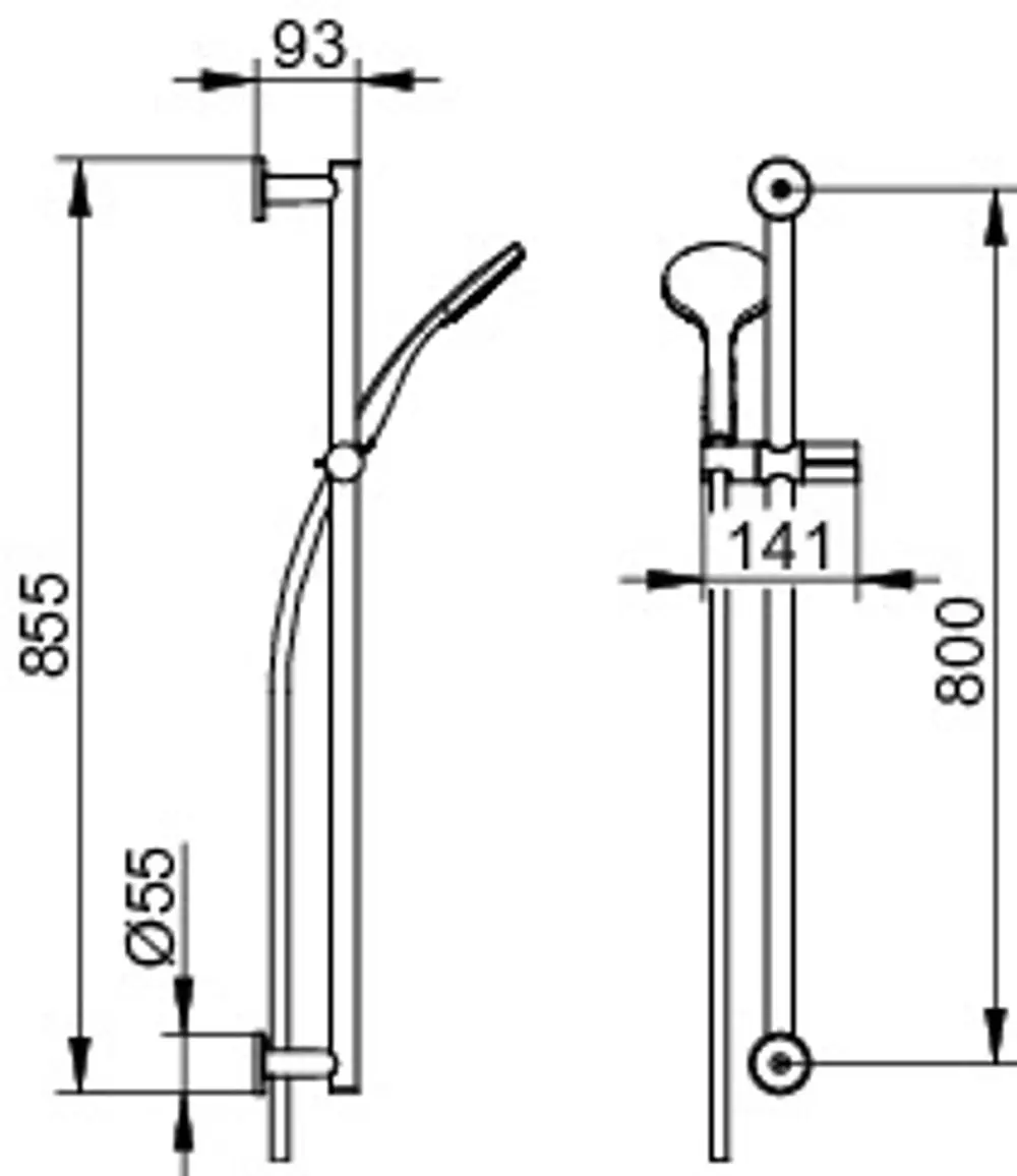 Keuco Brausegarnitur mit Rundrosette, vertikal montiert, mit einem Schlauch und einer verchromten Oberfläche. Detaillierte Maße sind im technischen Diagramm erkennbar.