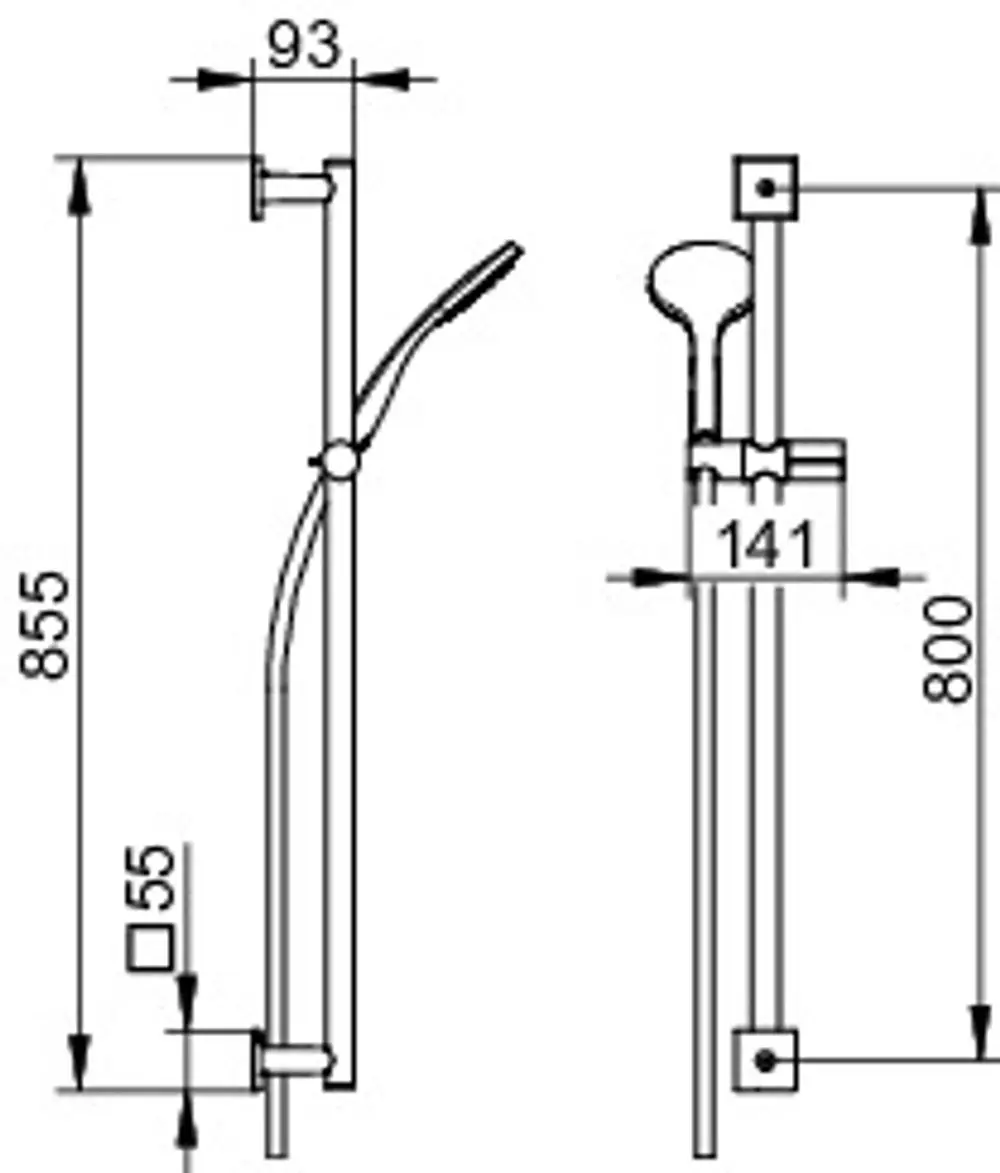 Brausegarnitur von Keuco mit einer wandmontierten Rosette, abgebildet in Seitenansicht. Sichtbare Einhebel-Bedienung, schlankes Design und klare Linien.