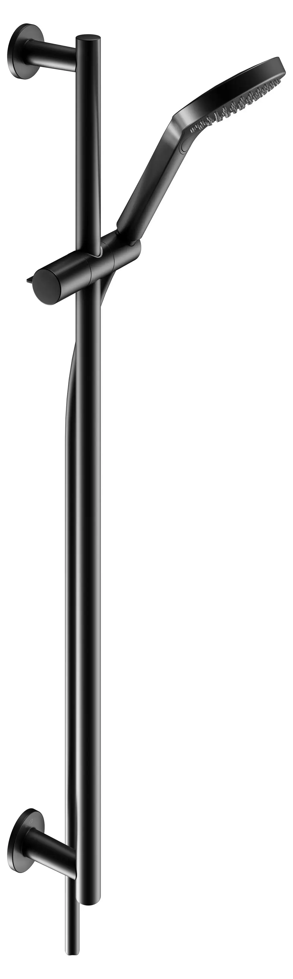 Schwarzes Brause-Set von Keuco mit runder Handbrause und vertikalem Stangensystem zur Wandmontage. Simple Form und funktionale Gestaltung.