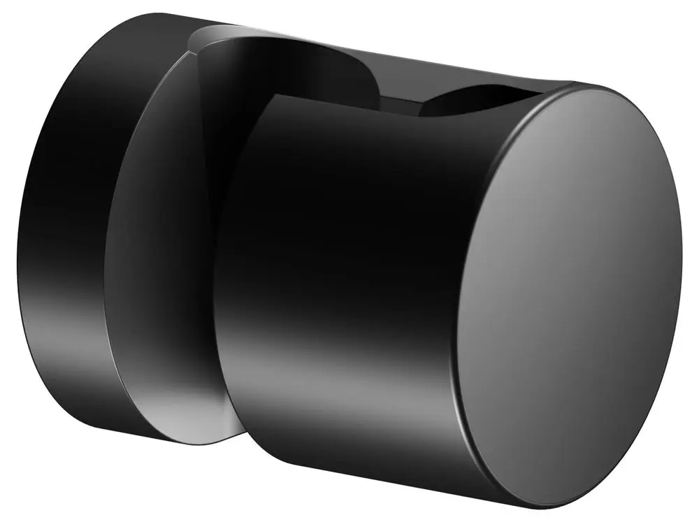 Schwarzer Wandbrausehalter von Keuco, sphärische Form mit zwei halbrunden Elementen, geeignet für moderne Badezimmergestaltung.