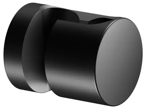 Schwarzer Wandbrausehalter von Keuco, sphärische Form mit zwei halbrunden Elementen, geeignet für moderne Badezimmergestaltung.