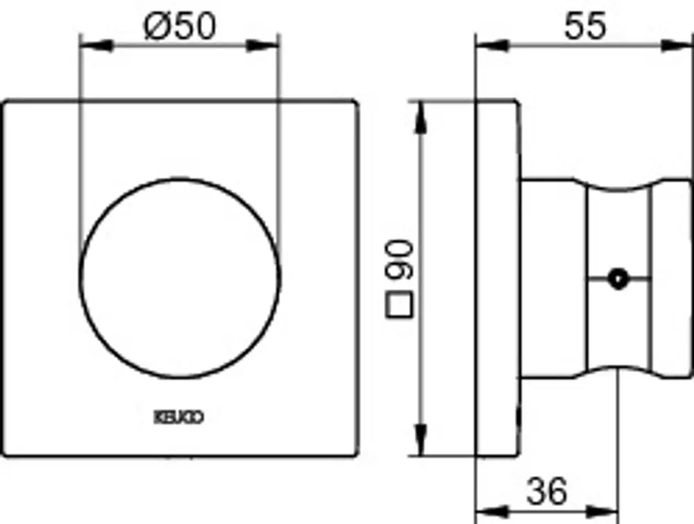 Keuco-Wandbrausehalter in quadratischer Form mit rundem Aufnahmebereich. Oben und seitlich sind Maßangaben in Millimetern sichtbar.