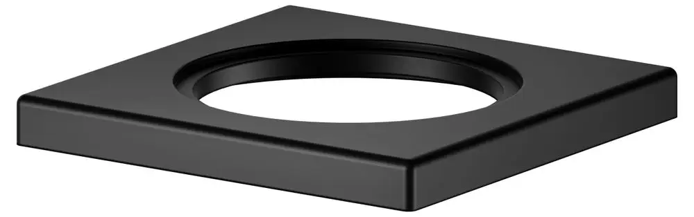 Schwarze, quadratische Rosette von Keuco mit mittigem Ausschnitt, geeignet für Einhebel-Waschtischmischer. Flache Oberfläche ohne zusätzliche Verzierung.