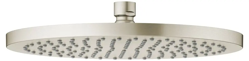 Kopfbrause von Keuco mit runder Form und strukturiertem Sprayfeld, aus gebürstetem Nickel, montiert an einer zentralen Halterung.