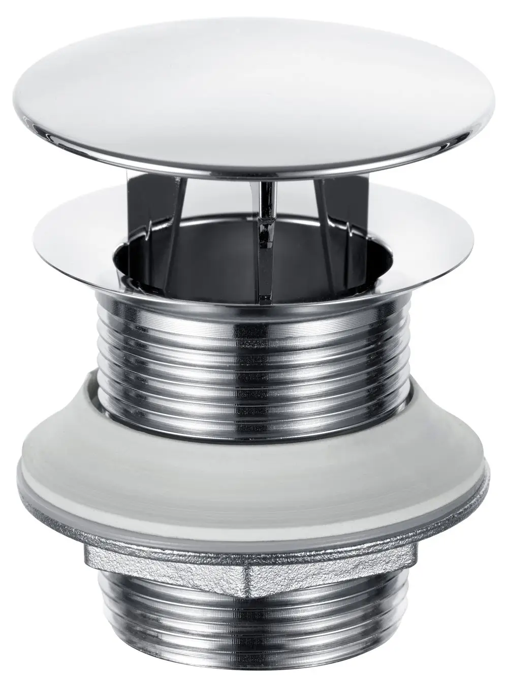 Verchromtes Schaftventil von Keuco mit einer runden Haube. Das Produkt besteht aus Metall mit Gewinde und Dichtungsring für eine sichere Verbindung.