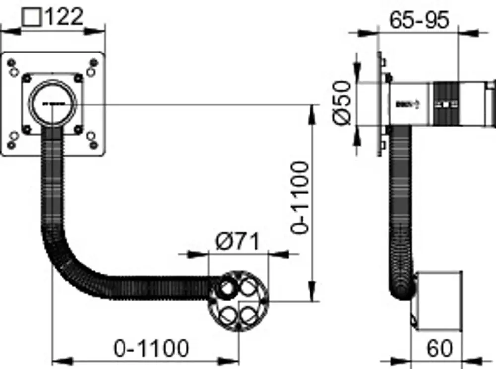 Rohbau-Set von Keuco mit flexiblen Rohren und Anschlussstücken, grafische Darstellung mit Maßangaben für die Installation.