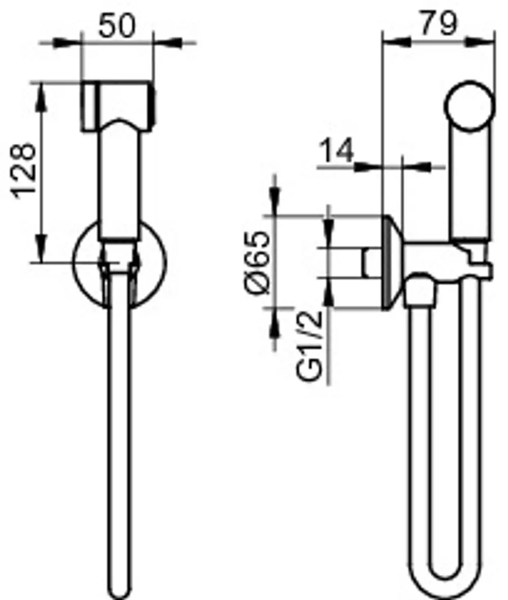 Keuco Armaturenzubehör, Hygienebrause mit Schlauchanschluss, dargestellt in technischem Zeichnungsformat mit Maßen, Ansichten und Details zu Befestigungselementen.