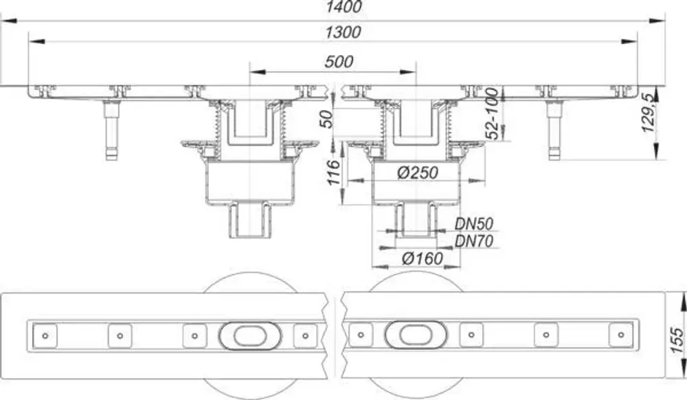 Technische Zeichnung einer Duschrinne von Dallmer mit Detailansichten und Maßen. Anbindungsmöglichkeiten für DN50 und DN70 sind in der Darstellung erkennbar.