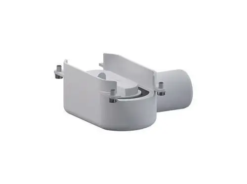 Dallmer Ablaufgehäuse in einem rechteckigen, weißen Design mit Anschluss für Abflussrohre. Es zeigt eine zugängliche Verbindungsstelle zur Drainage.
