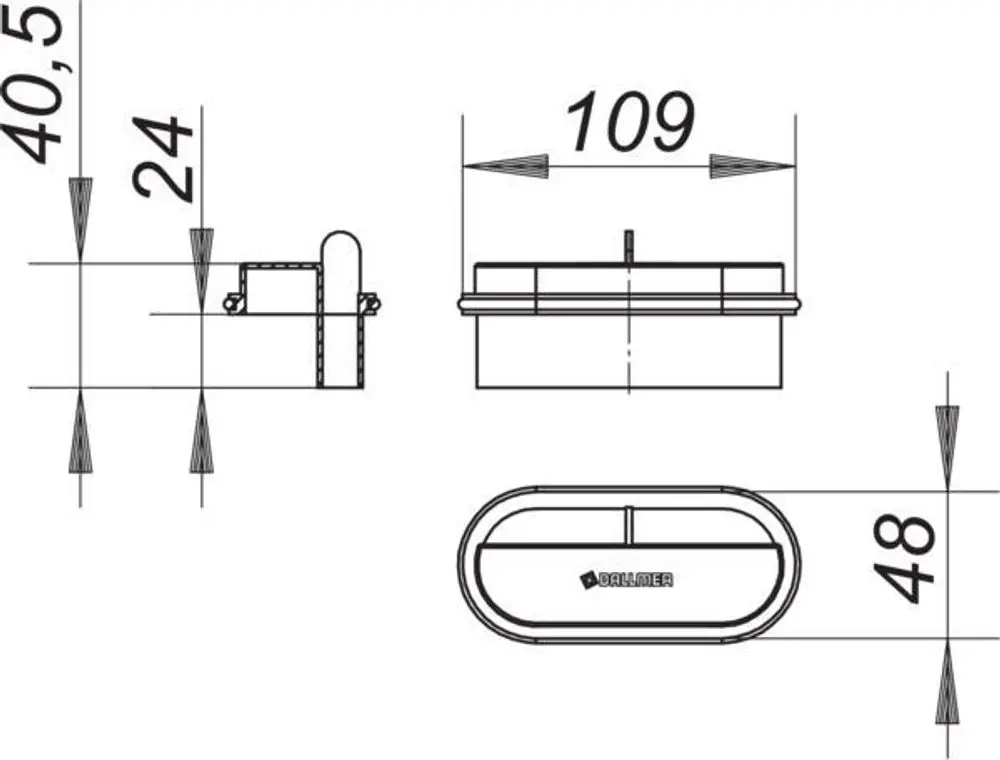 Dallmer Geruchsverschluss mit ovaler, flacher Form, seitlichem Anschluss und präzisen Abmessungen zur Installation in Sanitärbereichen.