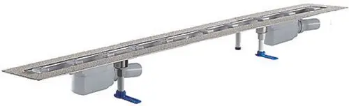 Dallmer Duschrinne mit langgestrecktem Design, ausgestattet mit mehreren Abläufen und Verbindungsstellen für eine effiziente Wasserableitung.