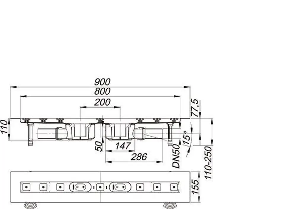 Dallmer Duschrinne mit einem flachen Design, ausgestattet mit mehreren Abläufen und Abmessungen, die deutlich im technischen Zeichnungsformat angegeben sind.