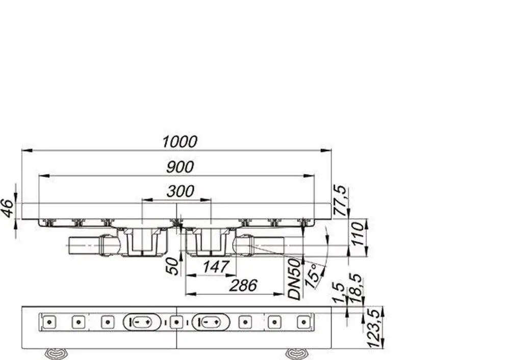 Dallmer Duschrinne mit zwei Abflussöffnungen, rechteckige Form, sichtbar sind verschiedene Maße und Anschlüsse. Diagrammzeichnung zeigt Detailansicht der hydraulischen Elemente.