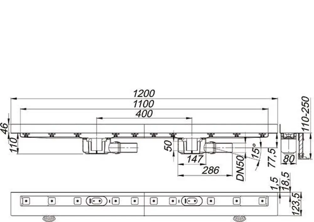 Dallmer Duschrinne mit flachem Design, seitlicher Ablauf und maßstabsgetreuem Diagramm für die Installation. Sichtbare Maße, Anschlussdetails und Positionen für die Montage.
