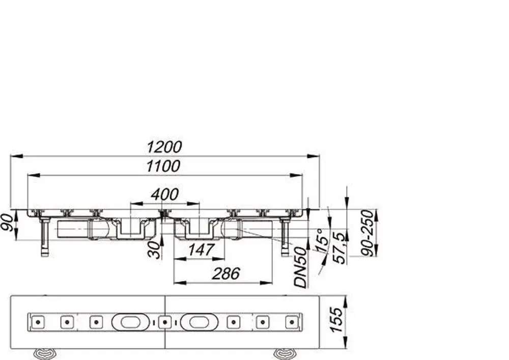 Dallmer Duschrinne mit senkrechten und horizontalen Rohren. Maßzeichnung mit verschiedenen Höhen- und Breitenmaßen in technischem Layout.