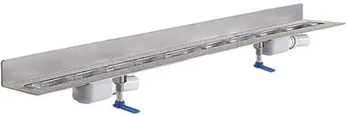 Dallmer Duschrinne aus Edelstahl mit flacher Bauweise, ausgestattet mit seitlichen Abläufen und hydratischer Anschlussmöglichkeit, geeignet für barrierefreie Duschen.