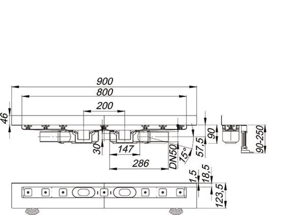 Duschrinne von Dallmer mit rechteckiger Form und mehreren Anschlüssen, abgebildet von der Seite und der Oberansicht, mit klaren Maßeinheiten im technischen Design.