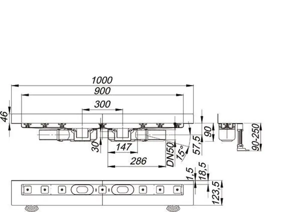 Dallmer Duschrinne mit flachem Design, seitlicher Abfluss und verschiedenen Anschlussmöglichkeiten. Abmessungen und technische Details sind auf dem Bild dargestellt.