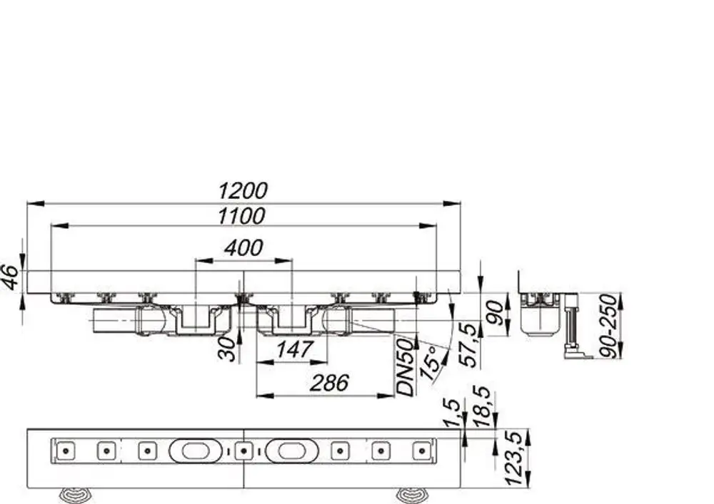 Dallmer Duschrinne mit rechteckigem Design, seitliche Anschlussoptionen und mehreren Abflussöffnungen, geeignet für die Installation in Duschen. Technische Maße sind deutlich abgebildet.