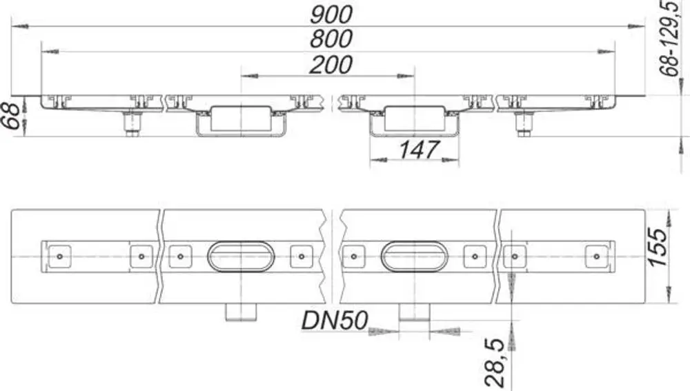 Dallmer Duschrinne mit oben sichtbaren Maßen und Montagepunkten. Entwässerungssystem mit einem DN50 Anschluss und zwei connectbaren Einheiten.