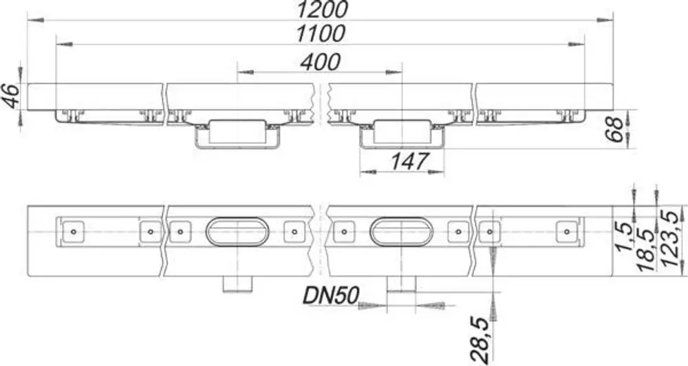 Dallmer Duschrinne mit zwei Abflussöffnungen. Technische Zeichnung zeigt Maße und Anschlussdetails. Obere Ansicht und Seitenansicht im schematischen Design.