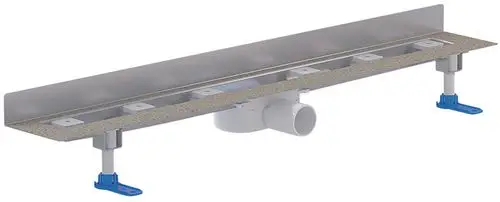 Dallmer Duschrinne mit langem edelstahlfarbenem Rahmen, Befestigungselementen und Abflussanschluss, geeignet für die Installation in Duschräumen.