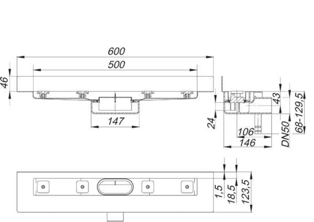 Dallmer Duschrinne mit flacher Bauweise, seitlichen Abflussöffnungen und integriertem Gefälle, dargestellt in technischem Schema mit Maßen und Anschlussdetails.