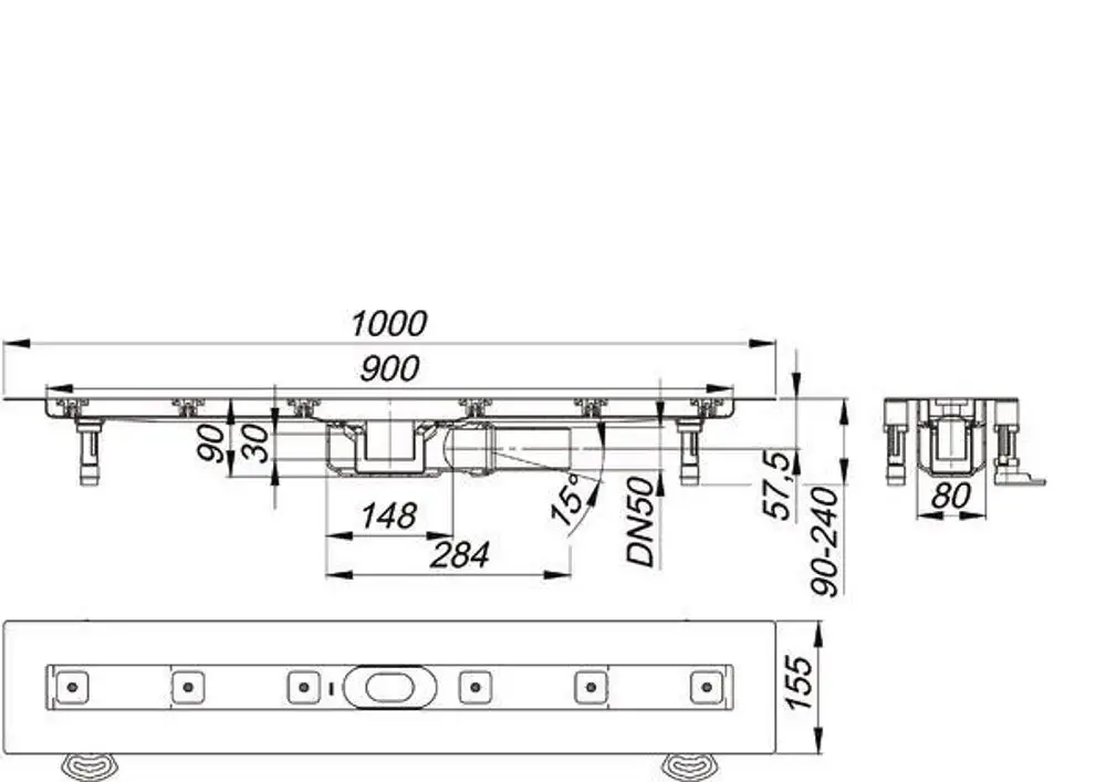 Dallmer Duschrinne mit rechteckiger Form und mehreren Montagepunkten. Die Zeichnung zeigt technische Maße und Details zur Installation.