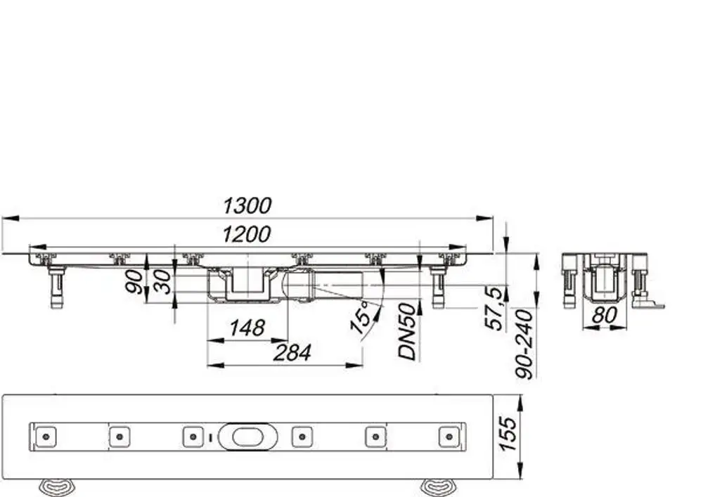 Dallmer Duschrinne mit Abmessungen und Anschlüssen. Technische Zeichnung zeigt die Konstruktion und Montagepunkte für die Installation im Badezimmer.