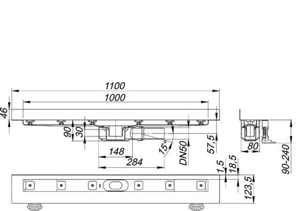 Dallmer Duschrinne mit schmalem Design, seitliche Anschlussmöglichkeiten, Maßzeichnungen und technische Spezifikationen im Detail.