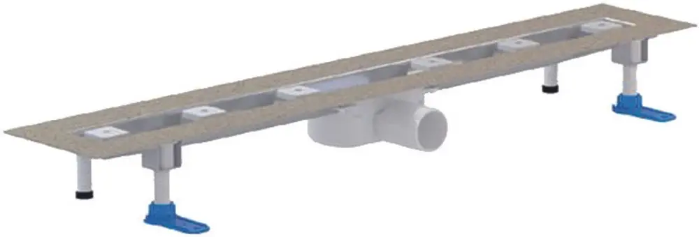 Dallmer Duschrinne mit gerader Form und flacher Abdeckung. Die Rinne ist in einem sanitärtechnischen Umfeld zur Entwässerung ausgelegt. Anschlüsse sind sichtbar.
