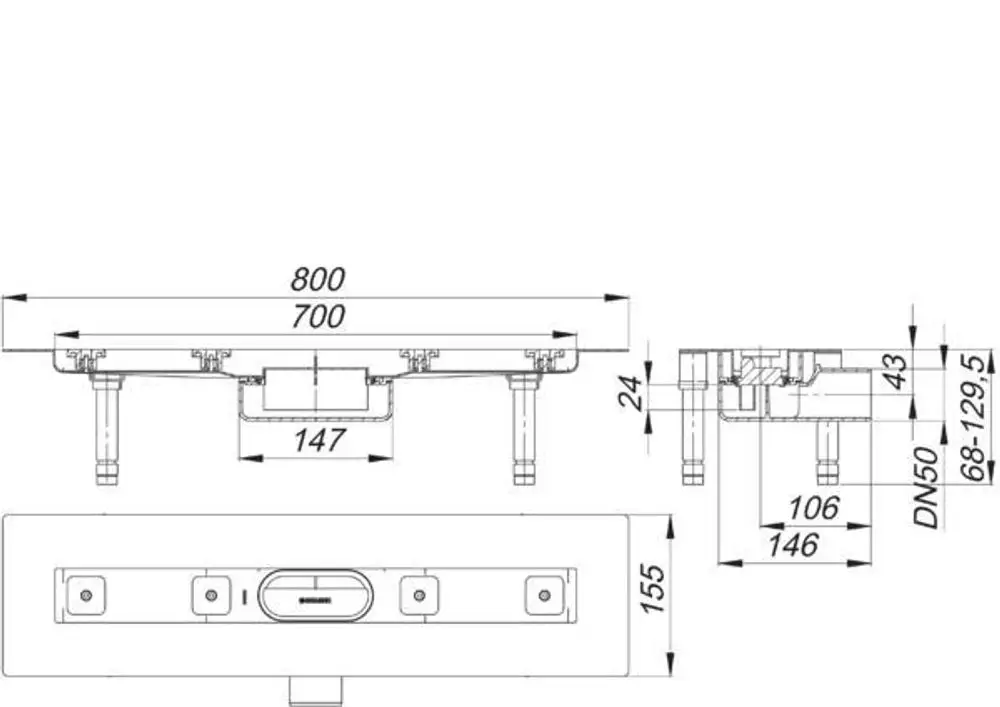 Dallmer Duschrinne in flacher Bauform, mit Seitenansicht und Maßangaben. Sichtbare Anschlüsse, integrierte Abflussmechanik, geeignet für DN 50 Abwasserleitungen.