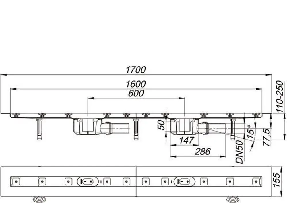 Dallmer Duschrinne mit mehreren Anschlussmöglichkeiten, länglicher Bauform und integrierten Ablaufstellen. Technische Maße und Anschlüsse auf dem Diagramm abgebildet.