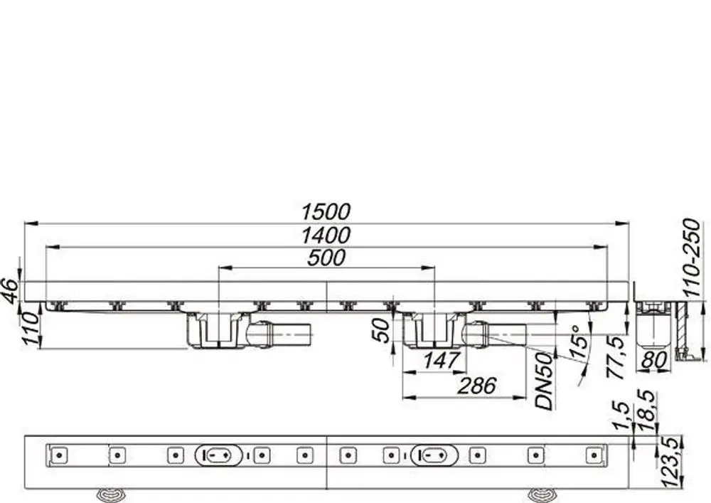 Dallmer Duschrinne mit einer langen, flachen Abdeckung und seitlichen Abflussöffnungen, dargestellt in technischer Zeichnung mit Maßen und Details zur Installation.