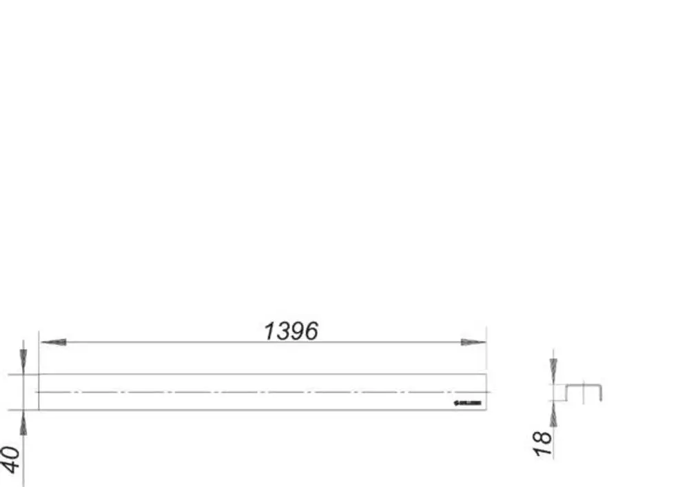 Dallmer Abdeckung in gerader Form, dargestellt in einem technischen Plan mit Maßangaben, 40 mm Höhe und 18 mm Tiefe, Länge von 1396 mm.